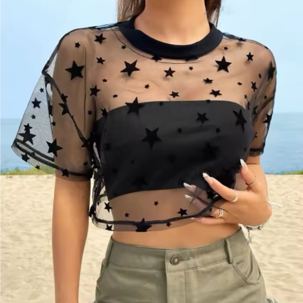 Black Graphic Mesh Crop Top with Short Sleeves 2 for 1 deal $5 - Picture 2 of 8